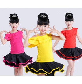 Red yellow fuchsia hot pink patchwork inclined shoulder dew shoulder ruffles neck girls kids children stage performance latin salsa dance dresses outfits